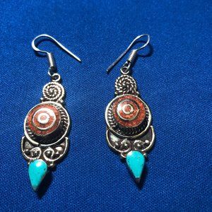 Handmade Red Coral Tibetan Turquoise 925 Silver Plated Tribal Earrings 2.5"